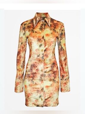 Nanushka Floral Long-Sleeve Shirt Dress in Orange